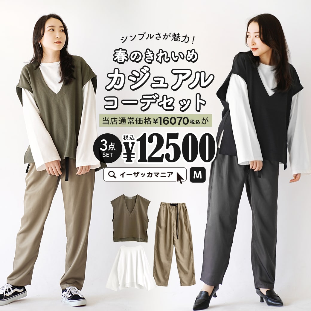 コーディネートセット / カラーが選べる！お得な3点 セット ！ レディース トップス カットソー Tシャツ 長袖 ベスト ロングパンツ ボトムス パンツ ウエストゴム 薄手 ゆったり 体型カバー 春 ◆シンプルさが魅力！春のきれいめカジュアルコーデセット【返品交換不可】