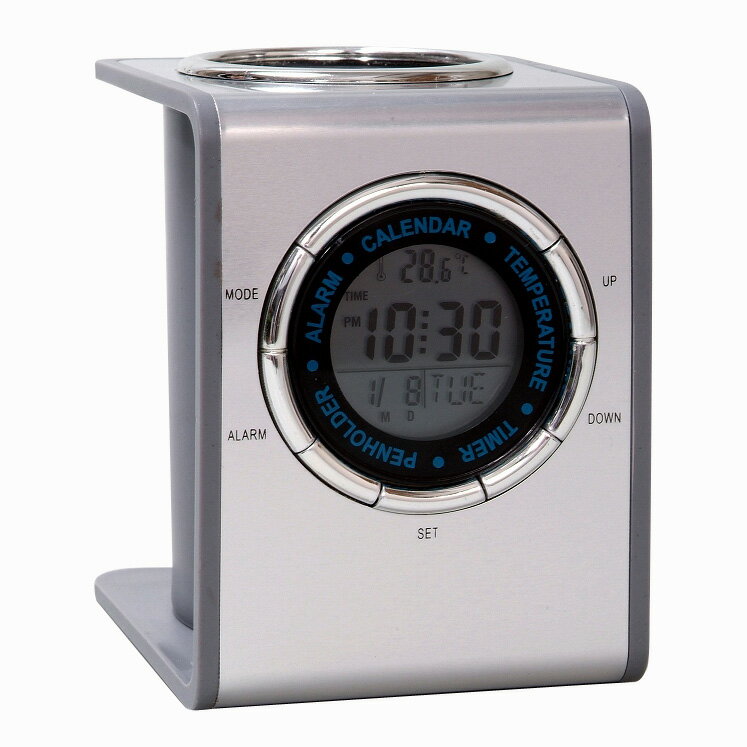 在庫限り 多機能時計 メタル ペンスタンド クロック D2410 時計付ペンスタンド カレンダー デジタル時計 アラーム タイマー機能 温度計 ペン立て