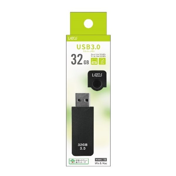 【スーパーSALE要エントリーで最大300％ポイントバック】LAZOS ラソスキャップ式USBフラッシュメモリ 32GB/ブラック L-US32-CPB(2611512)送料無料