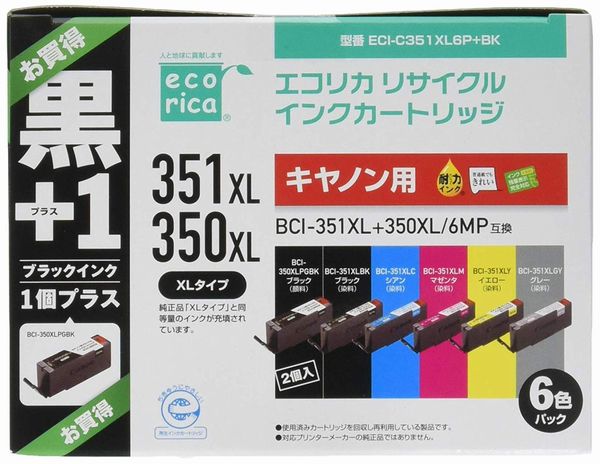 【6/5限定要エントリー2人に1人ポイントバック！全品P2倍＆クーポン配布！】ecorica エコリカキヤノン用 BCI-351XL 350XL/6MP BCI-350XLPGBK 6色パック 黒 リサイクルインク ECI-C351XL6P BK(2484106)送料無料