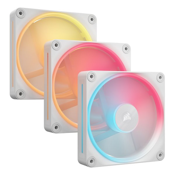 ●リバースローター設計を採用●外周と軸受部分に18個のRGB LEDを搭載●簡単かつスマートにPCを構築可能な「iCUE LINK」に対応●静音性と耐久性に優れた磁気ドームベアリングを採用●負荷に応じてファン回転数を止める「ゼロRPMモード」●簡単に取り付けられるQuikTurnねじを採用●スターターキットと拡張用の単品モデルをラインナップ●ブラックとホワイト、2色のカラーバリエーション■ファン回転数：2.400rpm ±10%■風圧：0.14〜4.72mmH2O■風量：11.5〜66.7CFM■ノイズレベル：10〜37.7dBA■ベアリング方式：磁気ドームベアリング■定格電流：0.35A■LED：RGB■サイズ：120×120×25mm■重量：515g■カラー：ホワイト■保証：5年■内容物：ファン×3、QuikTurnねじ×12、iCUE LINKシステムハブ×1、iCUE LINKケーブル×2、PCIeケーブル×1、USBケーブル×1、iCUE LINKコネクタ×4