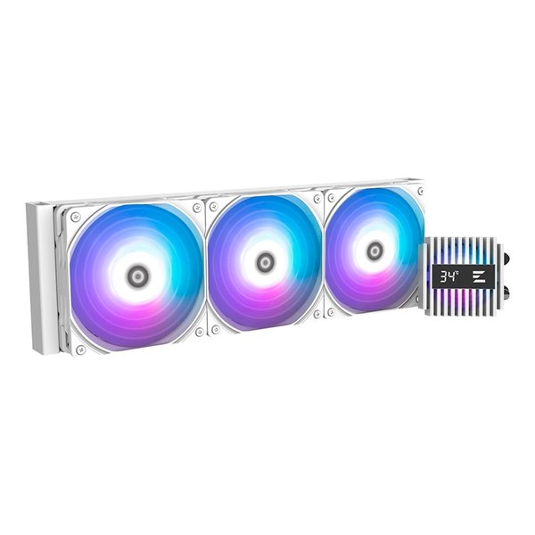 ●ポンプキャップにCPU温度の表示機能を搭載専用ソフトウェアを使用することで、ポンプキャップにCPU温度を表示可能。キャップはマグネットで簡単に着脱でき、90度ずつ回転させることで、取り付けの方向によらず表示の向きを見やすく調整できます。●冷却効率を高めるアドレサブルRGBファンを装備ハイドロリックベアリングを採用した120mmファン「ZM-AF120 ARGB」を装備。ASUS、ASRock、GIGABYTE、MSI社製の対応マザーボードでコントロール可能なアドレサブルRGB LEDを搭載しています。Shark Finブレードの外輪を結合した構造により、エアフローの抵抗とノイズを抑え、効率よくラジエーターを冷却します。●360/240mmサイズの大型ラジエーターを搭載放熱のための表面積を最大限確保した、大型ラジエーターを搭載。ファンを追加してラジエーターを挟み、プッシュプルスタイルで利用することで冷却性能をさらに引き上げることもできます。■材質 ：PPS、PC、銅、アルミニウム■ファン ：120mm アドレサブルRGB LEDファン×3（ZM-AF120）■ファン回転数 ：600〜2.000rpm ±10%■風圧 ：最大2.01mmH2O ±10%■風量 ：最大69.12CFM ±10%■ポンプスピード ：3.000rpm ±10%■流量 ：1.8L/min■ノイズレベル ：最大29.7dBA ±10%（ファン）■本体サイズ ：397×120×27mm（ラジエーター） 73×73×57.3mm（ポンプ）■対応CPUソケット：Intel：LGA1851/1700/1200/1156/1155/1151/1150 AMD：AM5/AM4■カラー ：ホワイト