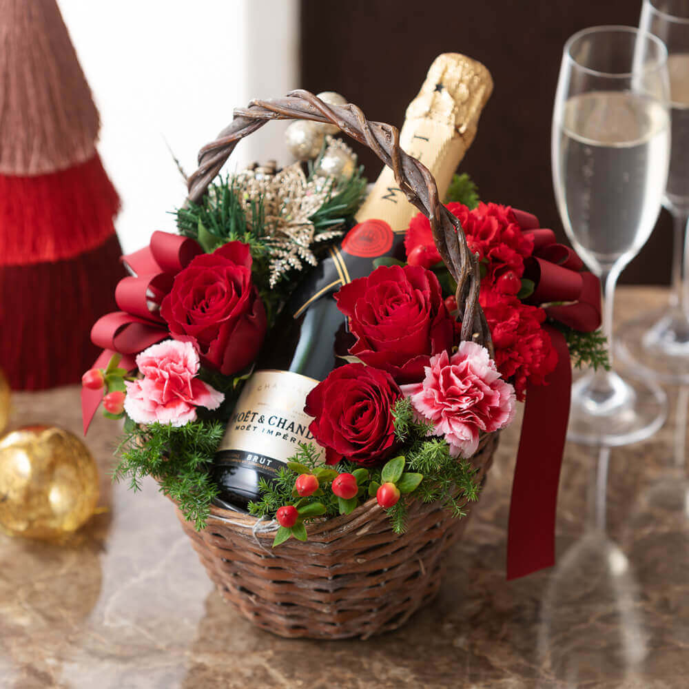 アレンジセット「モエ・エ・シャンドン モエ アンぺリアル(ハーフボトル)」 ギフト プレゼント クリスマスギフト クリスマスプレゼント 飾り 花 贈り物 予約 フラワーギフト 2020 誕生日 お祝い 記念日 サプライズ 生花 お酒 ギフトセット オーナメント おしゃれ