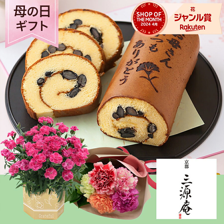 ＼まだ間に合う！／母の日 プレゼント 花とスイーツ 花 カステラ カーネーション 鉢植え セット「京・伏見 三源庵 黒豆ロールカステラ」 5号 メッセージ入り フラワー ギフト サプライズ 感謝 義母 2023 送料無料 40代 50代 60代 70代のサムネイル