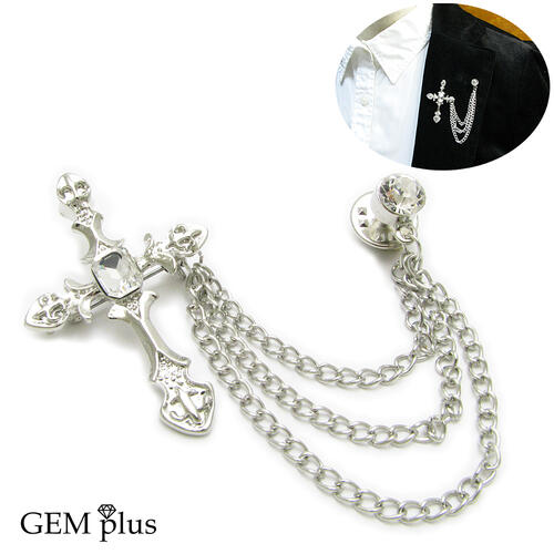 ラペルピン メンズ クロス 十字架 チェーン ピンブローチ タックピン レディース CHS10004【GEM plus】【結婚式】