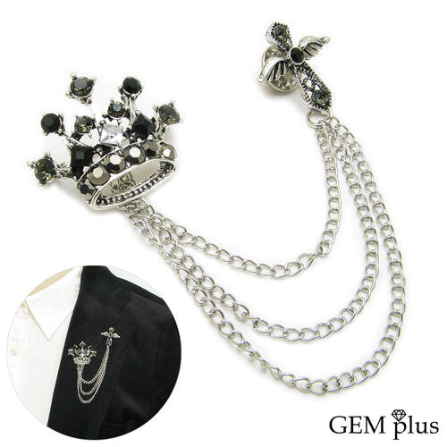 ラペルピン メンズ 王冠 クラウン クロス 十字架 チェーン ブラック ピンブローチ タックピン レディース CHS10111【GEM plus】【結婚式】