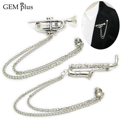 ラペルピン ブローチ メンズ レディース トランペット サックス 楽器 チェーン 音楽 CHS10112 タックピン【GEM plus】【結婚式】