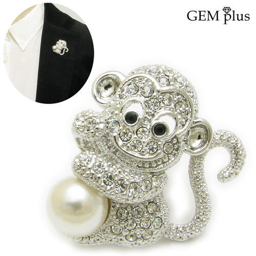 ブローチ レディース メンズ サル モンキー 猿 パール 真珠 ラインストーン 申 ラペルピン KS59019