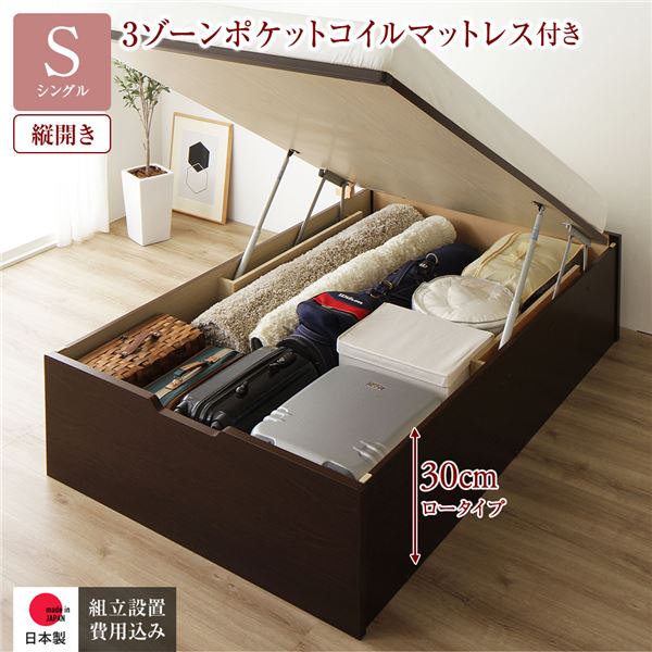 【送料無料】〔組立設置サービス付き〕 収納 ベッド 通常丈 シングル 跳ね上げ式 縦開き 深さ30cm ロー..