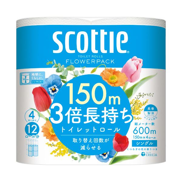 【送料無料】（まとめ） 日本製紙クレシアスコッティ フラワーパック 3倍長持ち シングル 芯あり 150m 香り付き 1パック（4ロール） 【×10セット】