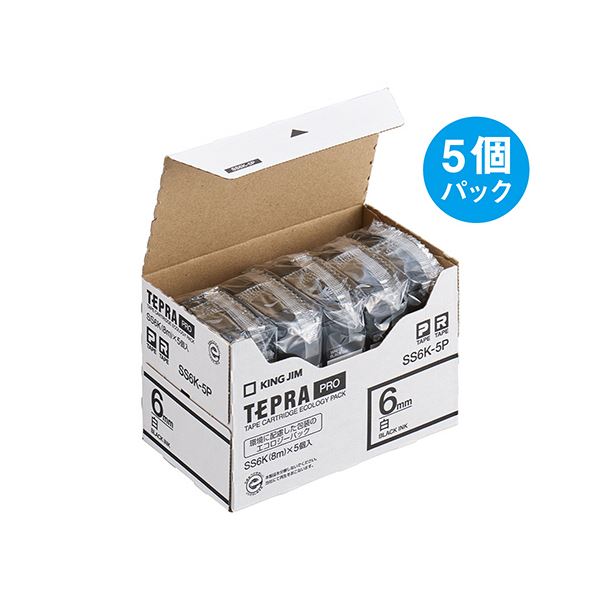 楽天イーグルアイ楽天市場店【送料無料】キングジム テプラ PRO テープカートリッジ 6mm 白/黒文字 SS6K-5P 1パック（5個） 生活用品・インテリア・雑貨 文具・オフィス用品 ラベルシール・プリンタ レビュー投稿で次回使える2000円クーポン全員にプレゼント