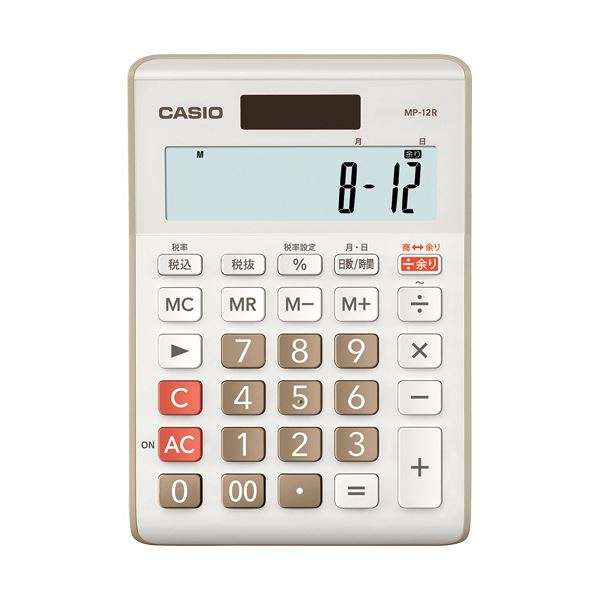 ■商品内容【ご注意事項】この商品は下記内容×5セットでお届けします。●あまり(表示)計算機能が付いた電卓、色はベージュです。●商(答え)と余りを同時に表示します。●日数の計算にオススメ!●消費税の税込・税抜計算が行えます。税率も自由に設定でき、税金額も表示します。●時間の四則計算、メモリー計算、パーセント計算ができます。「勤務時間計算」、「時給計算」等に便利です。●両入、片落の日数計算ができます。●太陽電池と補助電池の併用で計算途中で光がさえぎられても、内蔵電池によって計算内容を保護します。●四則演算の計算やメモリー機能の使用状況を表示で確認できます。■商品スペック桁数：12桁寸法：W約103×D147×H28.8mm質量：約115g色：ベージュメモリー：1機能：余り計算、税計算、時間計算、日数計算、T・W・P(太陽電池と補助電池の併用)、計算状態表示、マルチ%、四則定数計算、概数計算、桁下げ(シフト)、キーロールオーバー機能(早打ち機能)、ツーゼロキー、3桁位取り表示、特大表示、プラスチックキー、オートパワーオフ表示部：傾斜電源：ソーラ、電池(CR2032×1)2電源電池寿命：約7年その他仕様：●ミニジャスト保証期間：1年【キャンセル・返品について】商品注文後のキャンセル、返品はお断りさせて頂いております。予めご了承下さい。■送料・配送についての注意事項●本商品の出荷目安は【5 - 11営業日　※土日・祝除く】となります。●お取り寄せ商品のため、稀にご注文入れ違い等により欠品・遅延となる場合がございます。●本商品は仕入元より配送となるため、沖縄・離島への配送はできません。[ MP-12R-BE-N ]