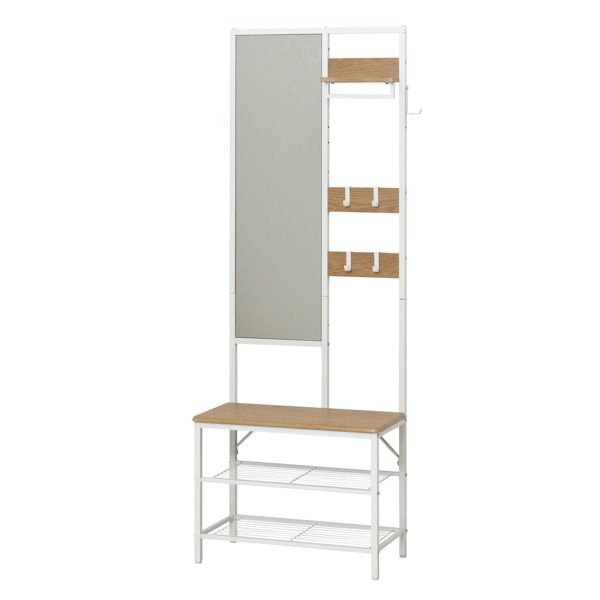 【送料無料】多機能ハンガーラック ミラー付き ナチュラル 組立式【代引不可】