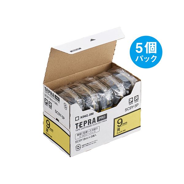 楽天イーグルアイ楽天市場店【送料無料】キングジム テプラ PRO テープカートリッジ パステル 9mm 黄/黒文字 エコパック SC9Y-5P 1パック（5個） 生活用品・インテリア・雑貨 文具・オフィス用品 ラベルシール・プリンタ レビュー投稿で次回使える2000円クーポン全員にプレゼント