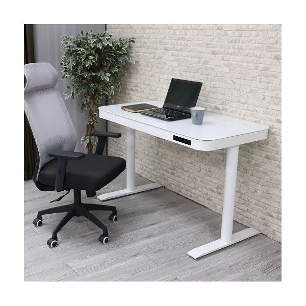 【送料無料】パソコンデスク 約幅121cm ホワイト 引き出し付き ガラス天板タイプ 高さ調整可能 スチー..