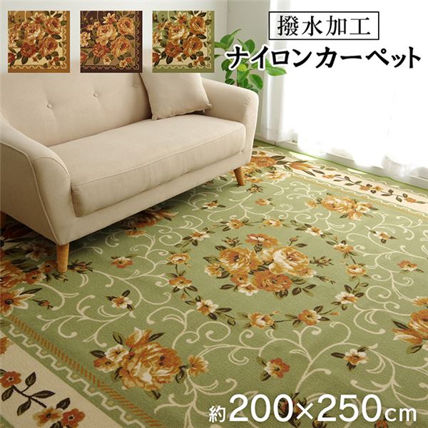 【送料無料】花柄 ラグマット/絨毯 【グリーン 約200×250cm】 洗える 撥水 速乾 ナイロン オールシーズン 〔リビング〕 生活用品・インテリア・雑貨 インテリア・家具 カーペット・マット ラグマット 約200cm×250cm レビュー投稿で次回使える2000円クーポン全員にプレゼン