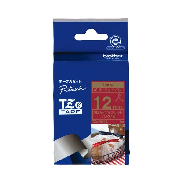 【送料無料】(まとめ）ブラザー リボンテープ TZe-RW34 レッドに金文字12mm【×5セット】