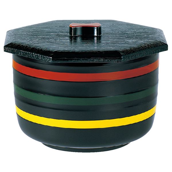 【送料無料】八角ロクロ目飯器/おひつ 【大 三色ライン 内朱 A】 128×118×高さ84(直径108×高さ77)mm 日本製 〔和食 店舗〕【代引不可】