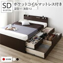 【送料無料】〔お客様組立〕 収納 ベッド セミダブル 国産薄型ポケットコイルマットレス付き ブラウン ABB 引き出し 棚付き 宮付き 2口 コンセント付き す...