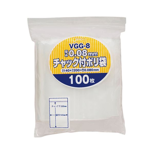 【送料無料】(まとめ) ジャパックス チャック付ポリ袋 ヨコ140×タテ200×厚み0.08mm VGG-8 1パック(100枚) 【×10セット】