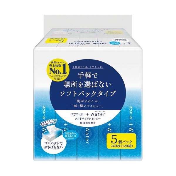 【送料無料】大王製紙 エリエール+Water ソフトパックティシュー 120組/個 1セット(90個：5個×18パック) 生活用品・インテリア・雑貨 日用雑貨 ティッシュペーパー レビュー投稿で次回使える2000円クーポン全員にプレゼント