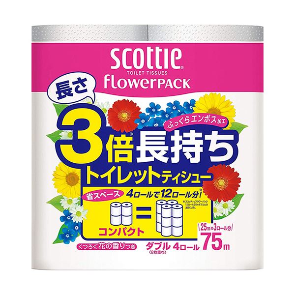 【送料無料】（まとめ）日本製紙クレシア スコッティ フラワーパック 3倍長持ち ダブル 芯あり 75m 1パック（4ロール） 【×10セット】 生活用品・インテリア・雑貨 日用雑貨 トイレットペーパー レビュー投稿で次回使える2000円クーポン全員にプレゼント