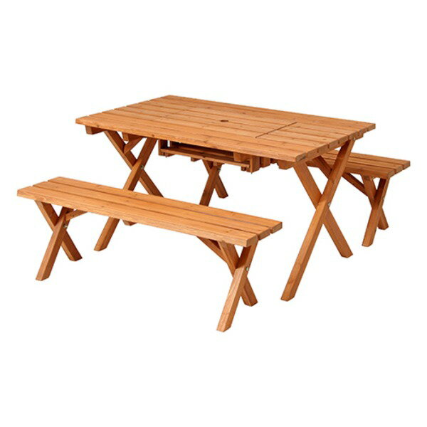 【送料無料】ガーデンテーブル&ガーデンベンチ セット 約幅1200mm 木製 パラソルホール コンロスペース付き BBQテーブル&ベンチセット【代引不可】