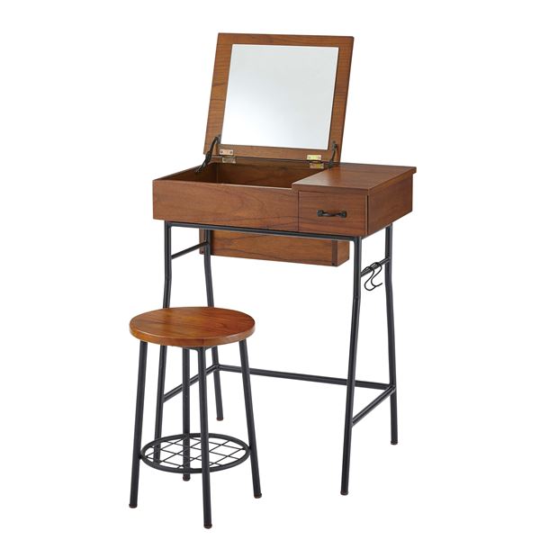 【送料無料】ドレッサー & スツール セット 約幅60cm ブラウン S字フック2個付き 木製 スチール 5mm飛散防止ミラー 組立品 ベッドルーム