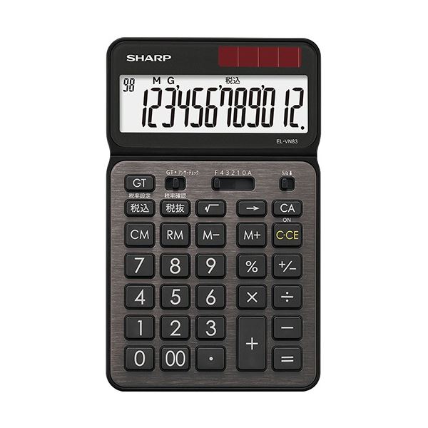 レビュー投稿で次回使える2000円クーポン全員にプレゼント■サイズ・色違い・関連商品■クリアブルー■クリアホワイト■スタイリッシュブラック[当ページ]■スタイリッシュレッド■商品内容●抗菌仕様、表面にアルミパネルを使用した高級感ある12桁のカラー・デザイン電卓「EL-VN83」、本体色はスタイリッシュブラックです。●スリムなフォルムとプレミアム感漂うアルミパネルを採用しています。●数字が見やすい表示角度が選べるチルトディスプレイタイプです。●安定性を高めた大型すべり止めゴム足。入力時の本体のすべりをしっかりと防止するゴム足を裏面4箇所に採用。裏面までしっかりとこだわり、本体色調とあわせたカラーを採用しています。●表示部にアクリルパネルを採用することで液晶の保護とデザイン性を両立しています。●税込、税抜計算が簡単にできます。税率設定機能もあります。●1回前の計算結果と答えを自動的に照合できます。●先に押したキーを離す前に、次のキーを押しても入力を受け付ける2キーロールオーバー機能つきの早打ち対応です。●+、-、×、÷のどれを押したかシンボルで表示します。●小数部の桁数を設定できる小数桁指定（F.4.3.2.1.0.A）つきです。●定数を自動設定でき、複利計算や減価償却費、構成比の計算などに便利です。■商品スペック桁数：12桁寸法：W約109×D180×H14mm質量：約168g色：スタイリッシュブラックメモリー：2機能：カウンター付演算状態表示、税計算、アンサーチェック機能、置数訂正キー(右シフトキー)、定数計算(Kモード)、累計計算(GT)、3桁自動位取り、小数部桁数指定、アディングモード(単位指定)、四捨五入、切り捨て、早打ち対応(2キーロールオーバーつき)、サイレントキー、大型すべり止めゴム足、自動節電方式表示部：チルト電源：太陽電池+内蔵電池(CR2032×1)電池寿命：約5年保証期間：1年備考：※重量は電池を含む。※電池寿命は内蔵電池のみで1日当たり1時間使用した場合。【キャンセル・返品について】商品注文後のキャンセル、返品はお断りさせて頂いております。予めご了承下さい。■送料・配送についての注意事項●本商品の出荷目安は【5 - 11営業日　※土日・祝除く】となります。●お取り寄せ商品のため、稀にご注文入れ違い等により欠品・遅延となる場合がございます。●本商品は仕入元より配送となるため、沖縄・離島への配送はできません。[ EL-VN83-BX ]