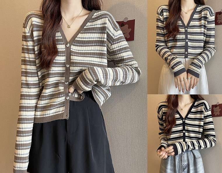 ニットカーディガン 長袖 Vネック バイカラー 体型カバー 着痩せ カットソー ボーダー柄 シンプル【大きいサイズ レディース ニット ロング カーデガン 薄手 カーデ コーディガン アンサンブル 秋冬 上着 cardigan Bolero】