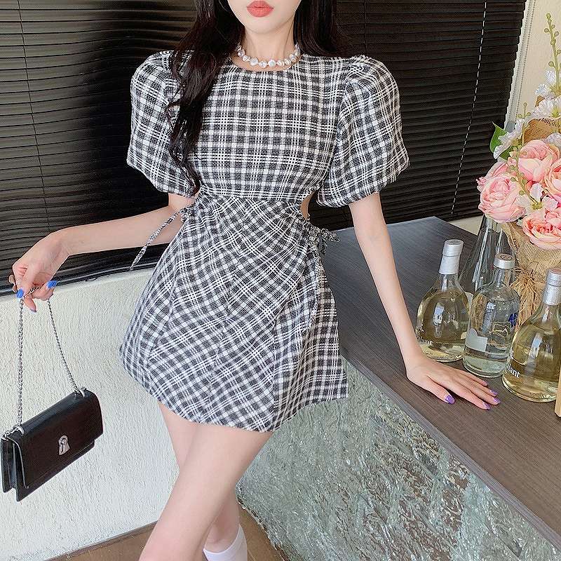 ワンピース 半袖 切り替え バイカラー スリム 着痩せ チェック柄 【大きいサイズ レディース 夏秋 結婚式 きれいめ タイト フォーマル 大人 上品 チュニック one-piece】