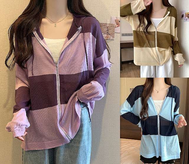 カーディガン 日焼け止め バイカラー 体型カバー 着痩せ 長袖 カットソー フード付き シンプル【大きいサイズ レディース ニット ロング カーデガン 薄手 カーデ コーディガン アンサンブル 秋冬 上着 cardigan Bolero】