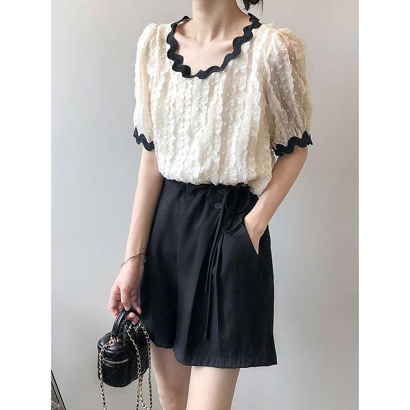 シャツ 半袖 ボリューム袖 フリル バイカラー プルオーバー タートル レース 【大きいサイズ レディース 秋冬 チュニック フォーマル オフィス ボウタイ シフォン シャツ インナー blouse】(4)