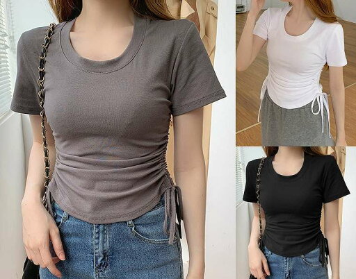 Tシャツ 半袖 シャーリング ショート丈 切り替え スリム 着痩せ 無地 シンプル【大きいサイズ レディース 無地 シャツ チュニック 夏秋 tシャツ ゆったり uv shirt】 Tシャツ 半袖 シャーリング ショート丈 切り替え スリム 着痩せ 無地 シンプル【大きいサイズ レディース 無地 シャツ チュニック 夏秋 tシャツ ゆったり uv shirt】