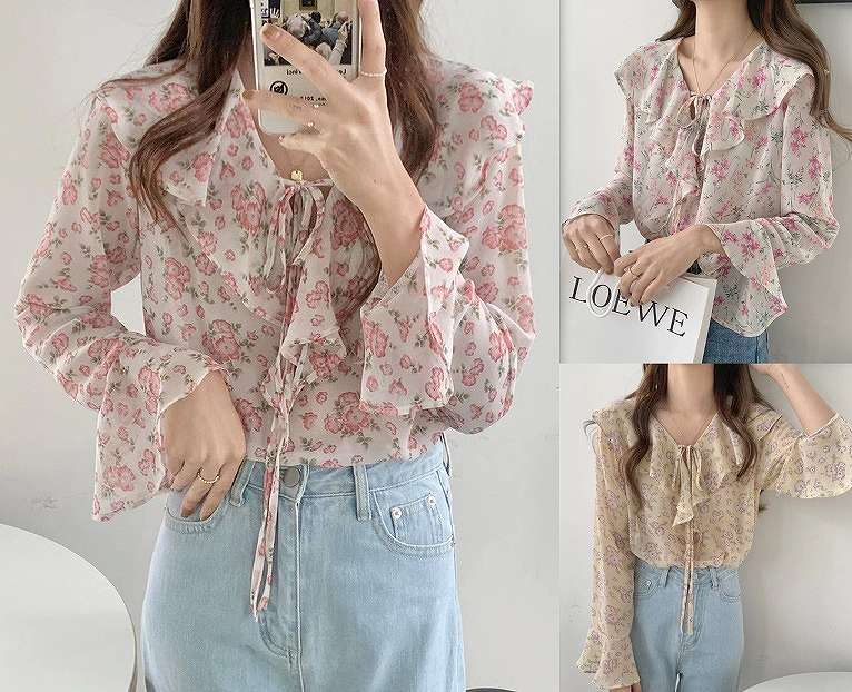 長袖シャツ フリル 切り替え バイカラー 体型カバー 着痩せ 【大きいサイズ レディース 秋冬 チュニック フォーマル オフィス ボウタイ シフォン シャツ インナー blouse】(4)