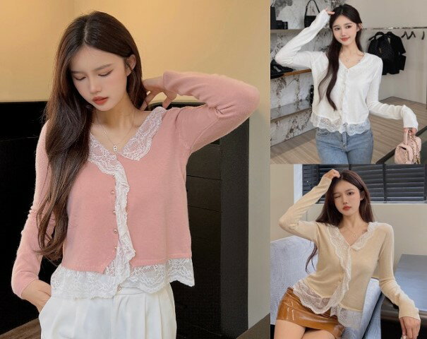 ニットレースショート丈長袖スリム着...