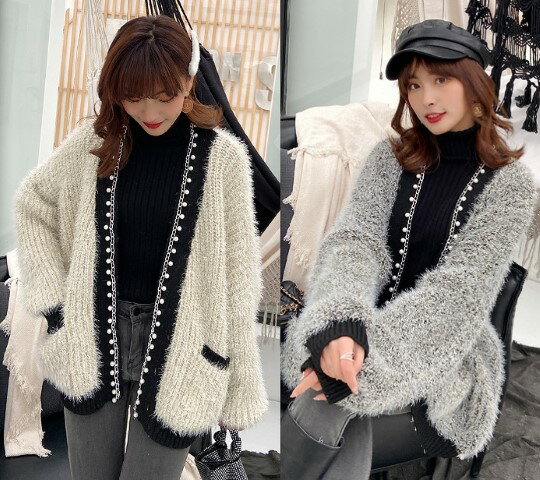 ニットカーディガン長袖ファー付き体...
