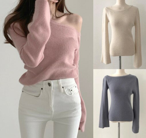 ニット長袖オフショルダープルオーバ...