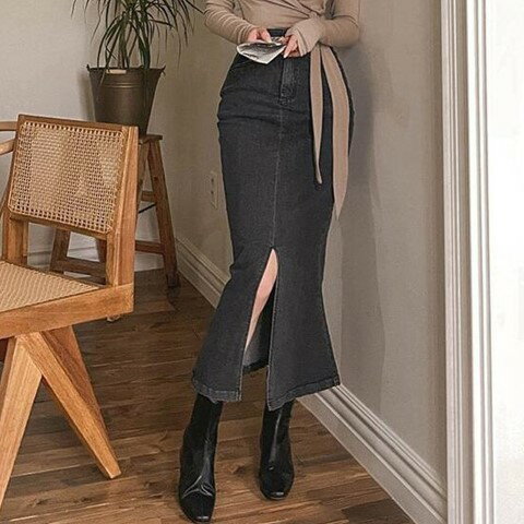 デニムスカート スリット ハイウエスト スリム 着痩せ デニム シンプル【大きいサイズ レディース 秋冬 フレア スウェット パンツ レギンス スカーチョ スキニー レギンス ミモレ丈 skirt】