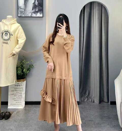 ワンピース 長袖 フリル 体型カバー 着痩せ シンプル【大きいサイズ レディース 春夏 結婚式 きれいめ タイト フォーマル 大人 上品 チュニック one-piece】