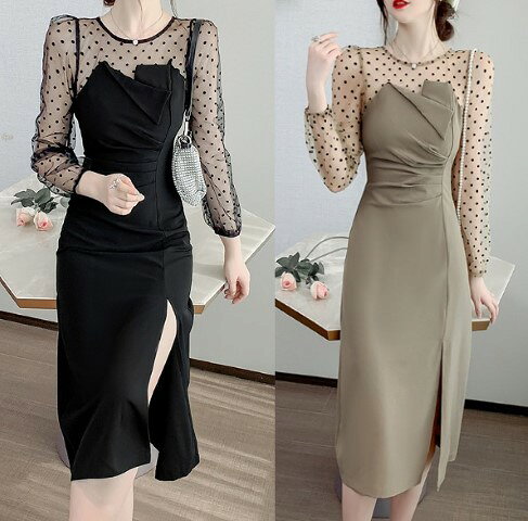 ワンピース 長袖 スリム 着痩せ ドット柄 【大きいサイズ レディース 秋冬 結婚式 きれいめ タイト フォーマル 大人 上品 チュニック one-piece】
