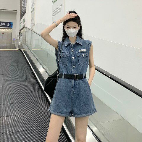 ノースリーブ オールインワン 薄手 スリム 着痩せ デニム シンプル【大きいサイズ レディース 春夏 スカート パンツ ガウチョ ドレス サロペット ロンパース all-in-one】 ノースリーブ オールインワン 薄手 スリム 着痩せ デニム シンプル【大きいサイズ レディース 春夏 スカート パンツ ガウチョ ドレス サロペット ロンパース all-in-one】