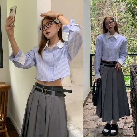 シャツ 長袖 ショート丈 体型カバー 着痩せ ストライプ柄 シンプル【大きいサイズ レディース きれいめ 半袖 七分袖 五分袖 無地 秋冬 cut and sewn】(4)