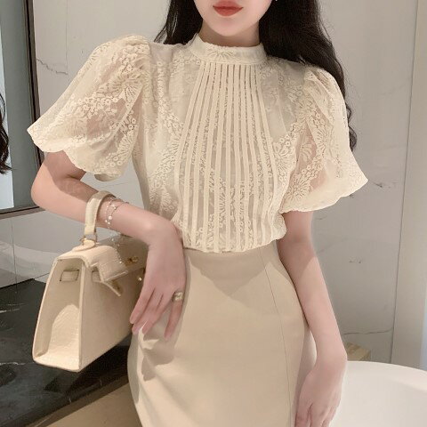 トップス 半袖 ボリューム袖 スリム 着痩せ レース 【大きいサイズ レディース 秋冬 きれいめ 可愛い かわいい チュニック tops】