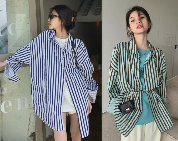 シャツ長袖体型カバー着痩せストライ...