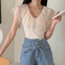 トップス チュール フリル 体型カバー 着痩せ 【大きいサイズ レディース 夏秋 きれいめ 可愛い かわいい チュニック tops】