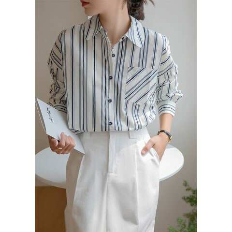 シャツ長袖体型カバー着痩せストライ...