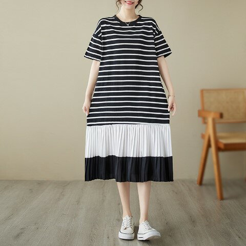 ワンピース 半袖 フリル 体型カバー 着痩せ ボーダー柄 シンプル【大きいサイズ レディース 夏秋 結婚式 きれいめ タイト フォーマル 大人 上品 チュニック one-piece】