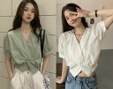 トップス 半袖 ショート丈 ボリューム袖 Vネック スリム 着痩せ シンプル【大きいサイズ レディース 春夏 セール きれいめ 可愛い かわいい チュニック tops】(4)