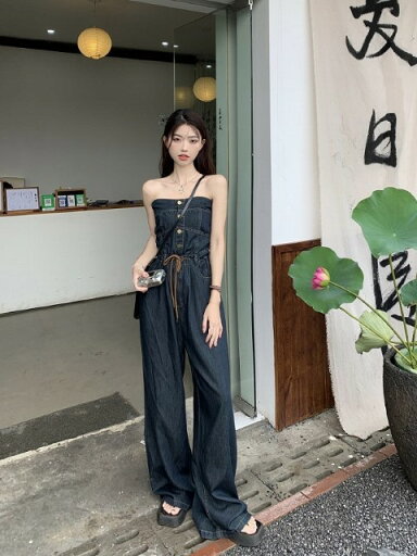 オールインワン チューブトップ スリム 着痩せ デニム シンプル【大きいサイズ レディース 春夏 スカート パンツ ガウチョ ドレス サロペット ロンパース all-in-one】 オールインワン チューブトップ スリム 着痩せ デニム シンプル【大きいサイズ レディース 春夏 スカート パンツ ガウチョ ドレス サロペット ロンパース all-in-one】